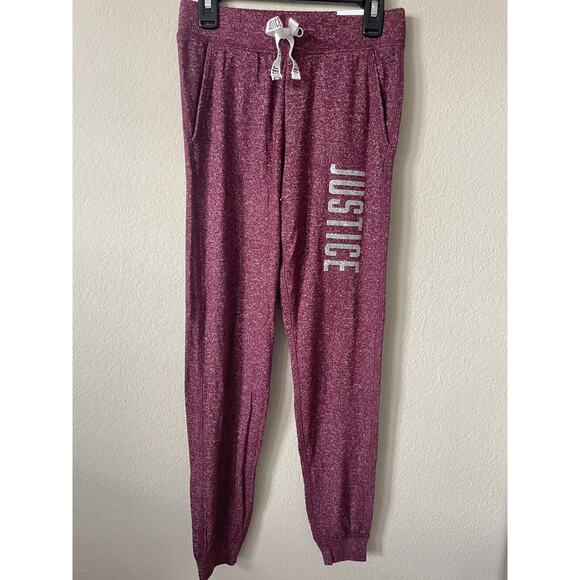 Justice Maroon Silver Sparkle Logo Mid Rise Full Length Girls’ Joggers Size 10 - Picture 1 of 5